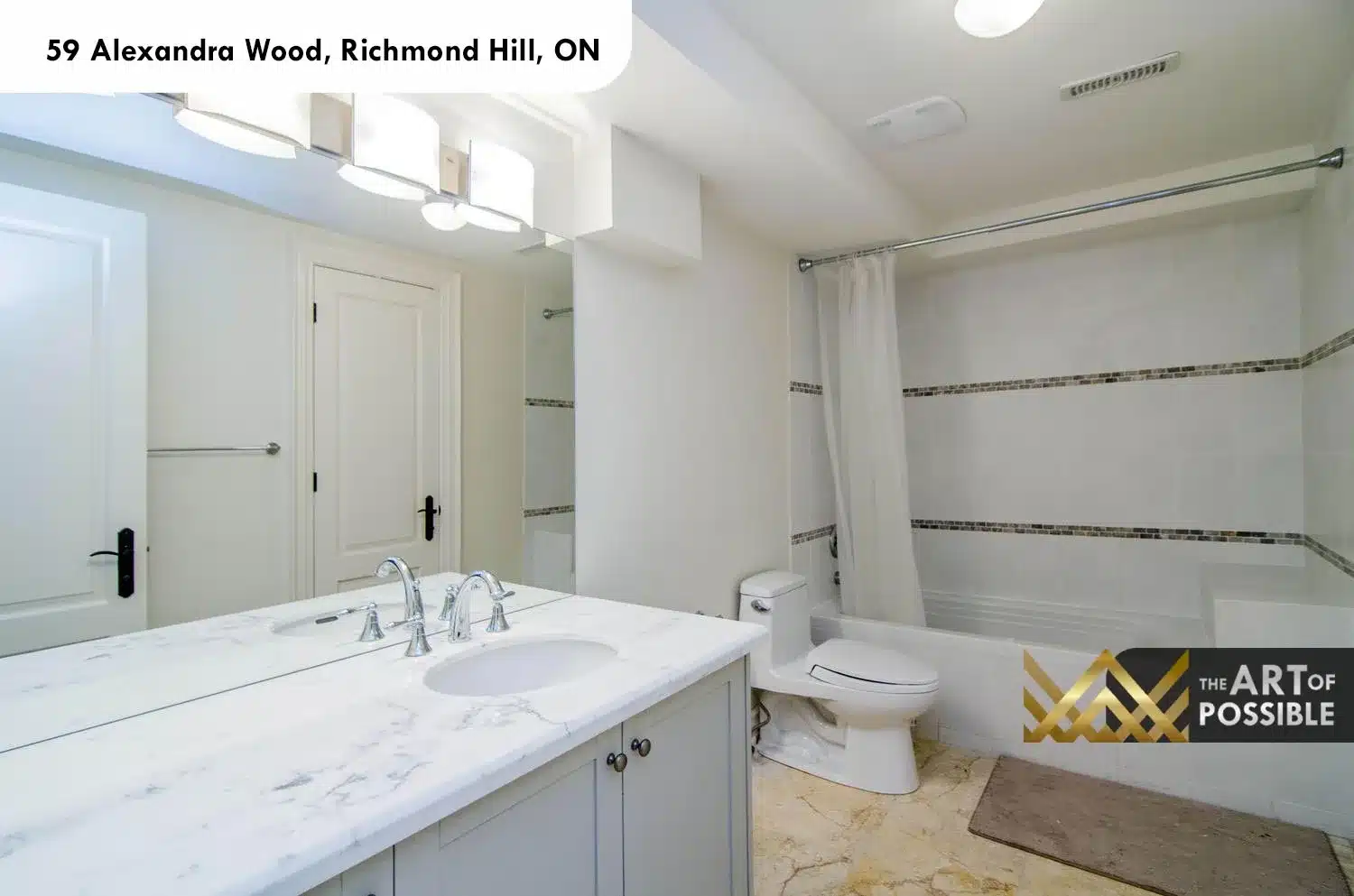 59 Alexandra Wood North York lower level bathroom double vanity marble countertop chrome mosaic tile
