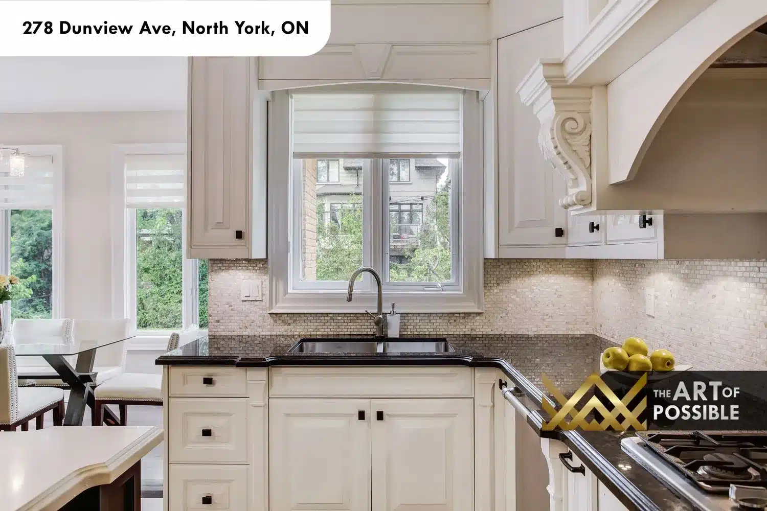 Kitchen sink wall with mosaic tile backsplash, dark granite countertops and garden-view window