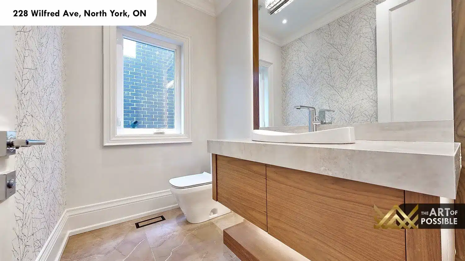 228 Wilfred Ave powder room walnut floating vanity vessel sink botanical wallpaper