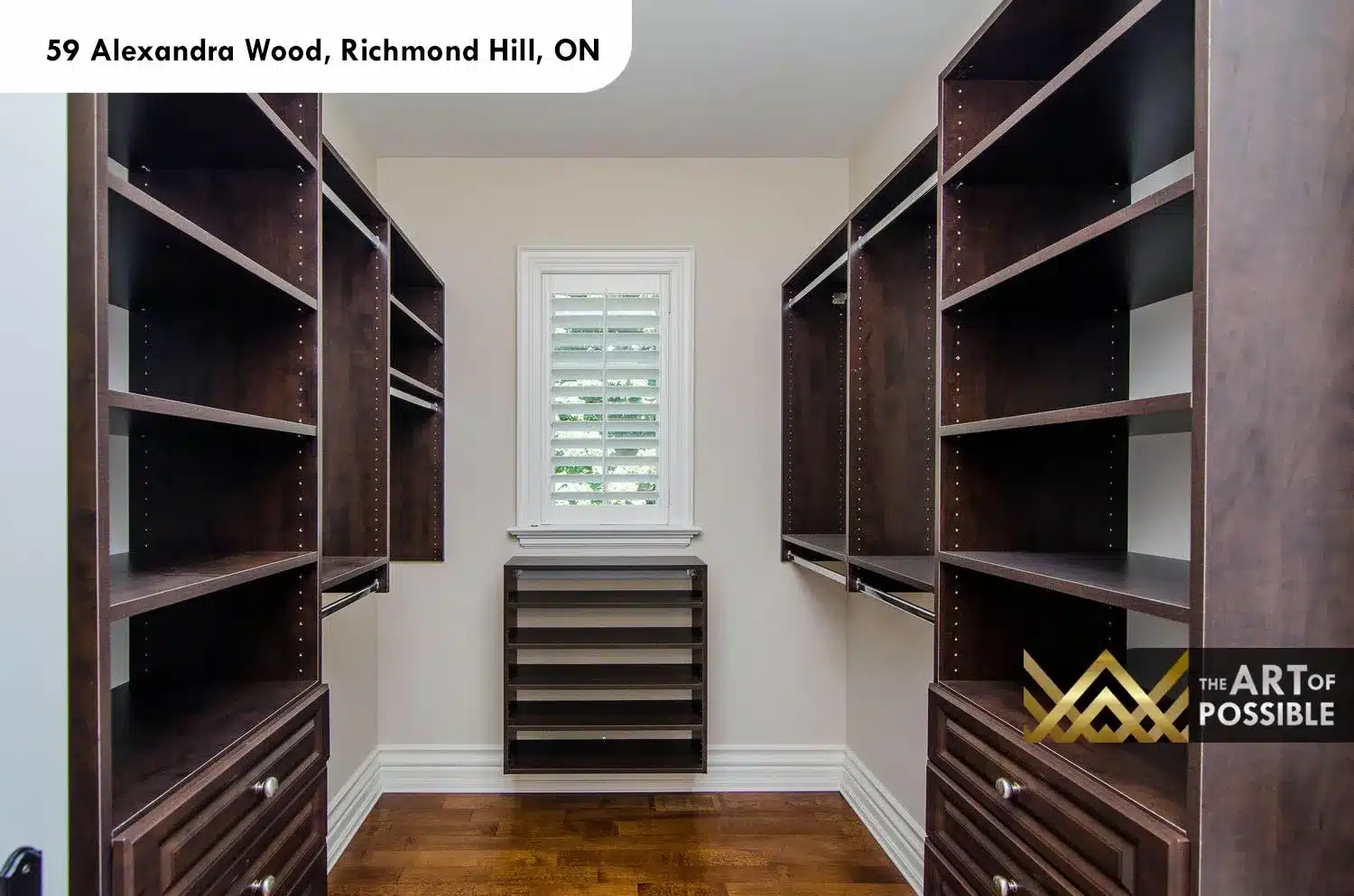 59 Alexandra Wood North York walk-in closet dark espresso custom system island drawers shelves
