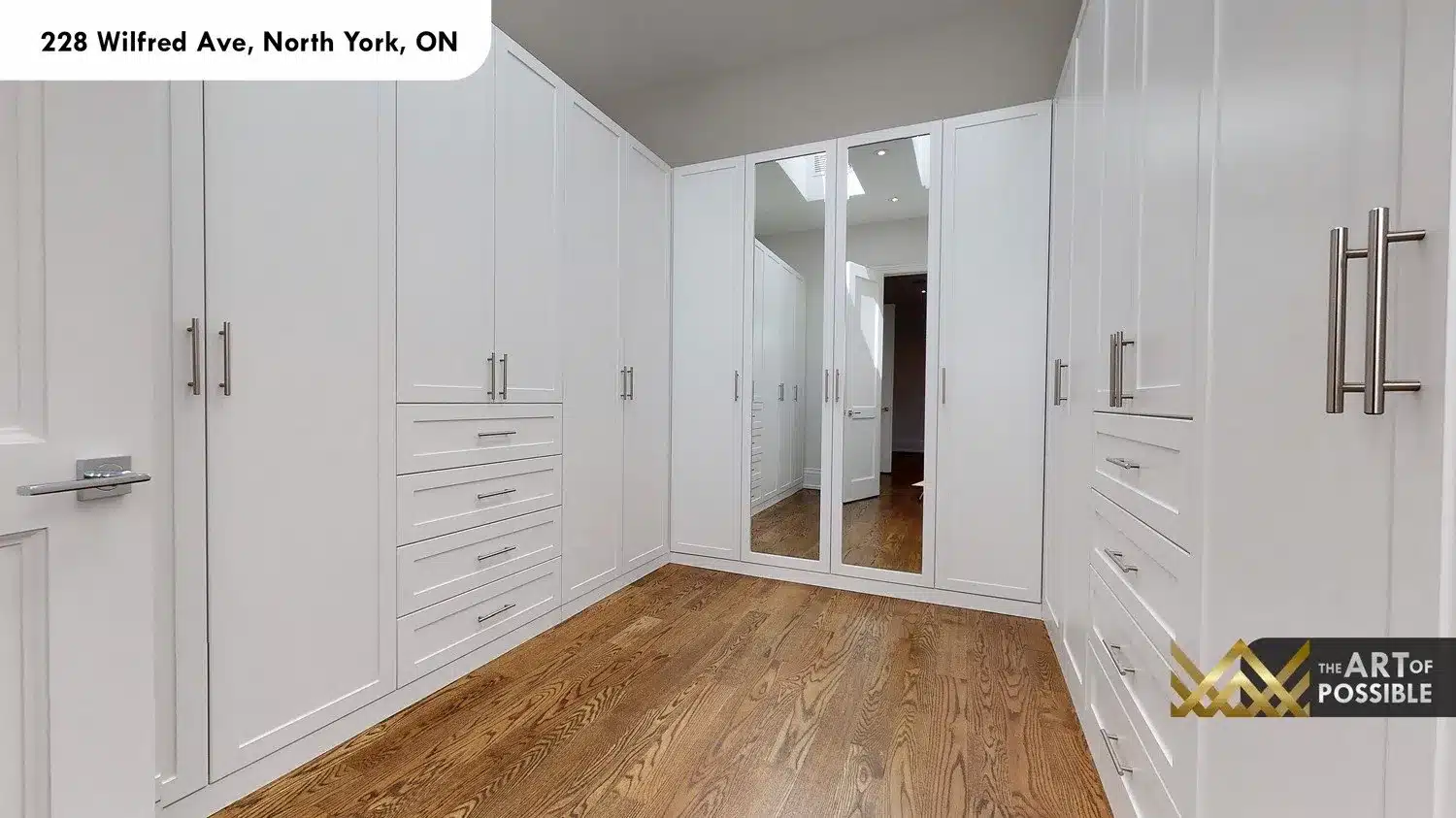 228 Wilfred Ave walk-in closet white gloss cabinetry mirrored panels satin nickel pulls