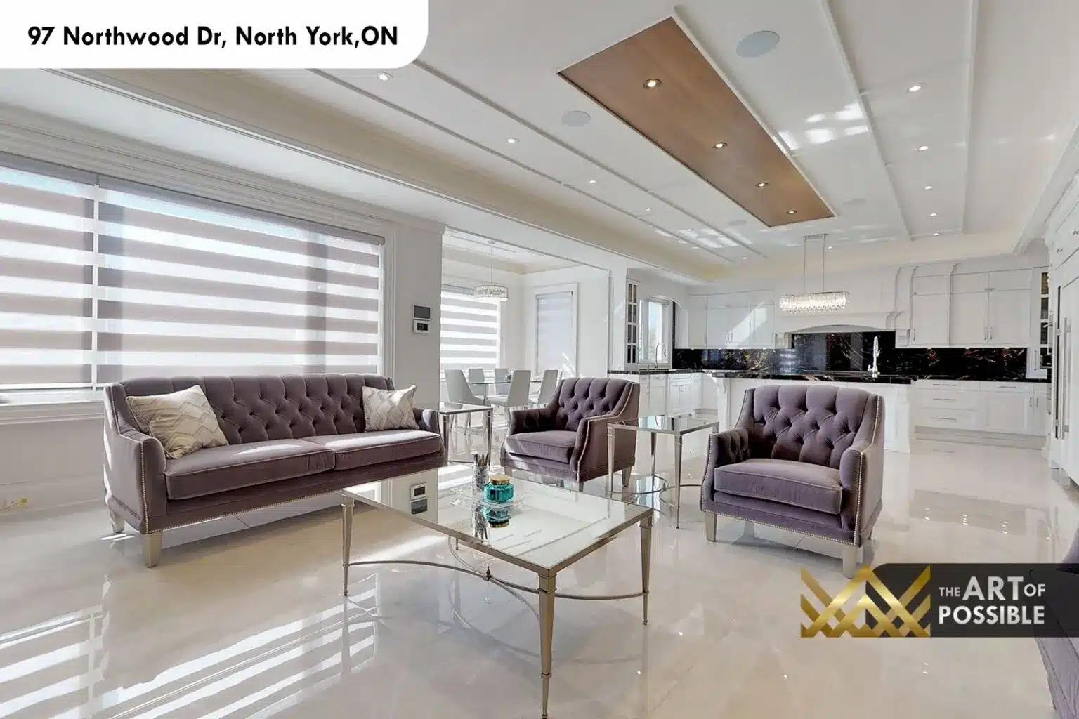 97 Northwood Dr open concept family room kitchen tufted sofas tray ceiling