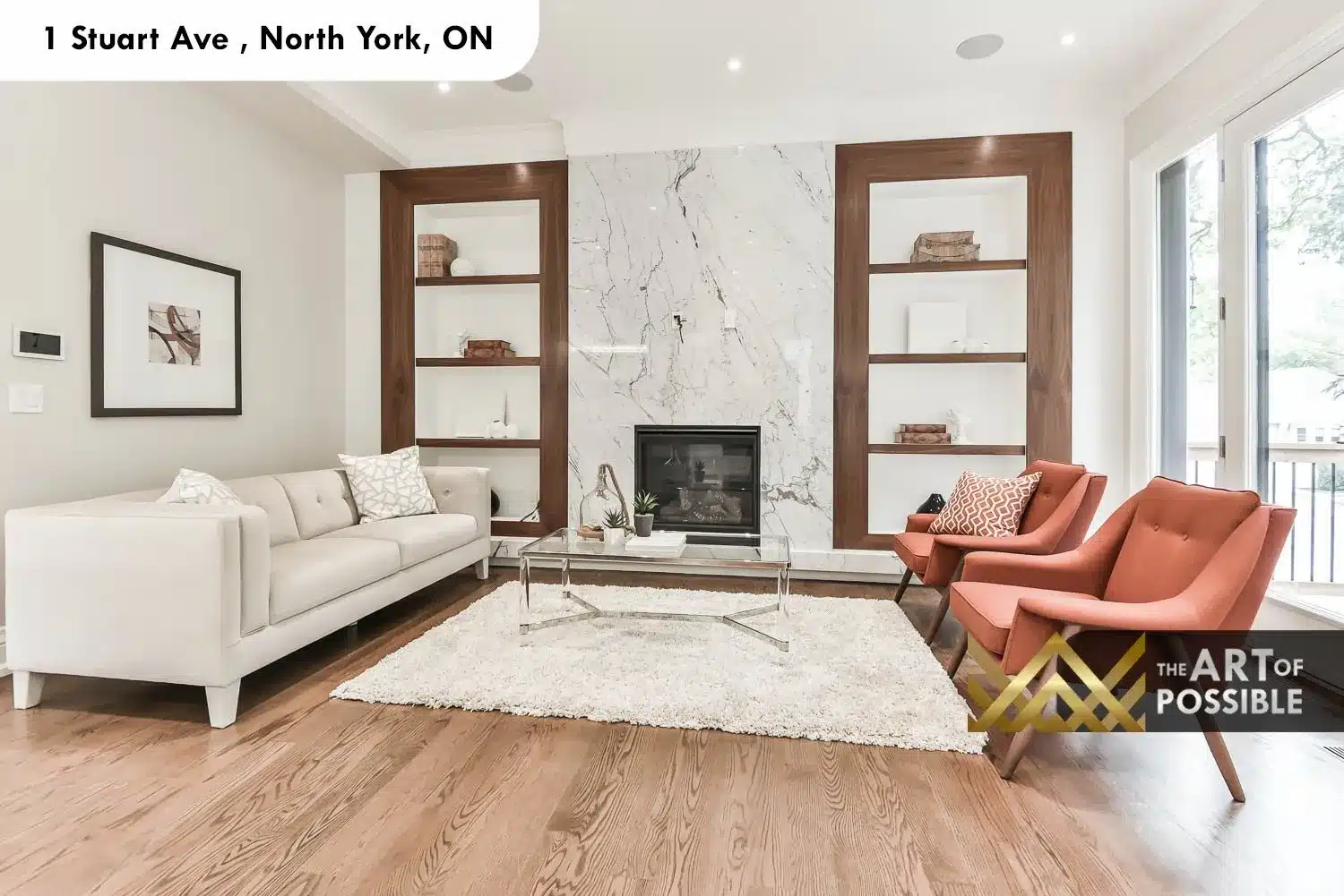 1 Stuart Ave family room walnut shelving marble slab walkout deck