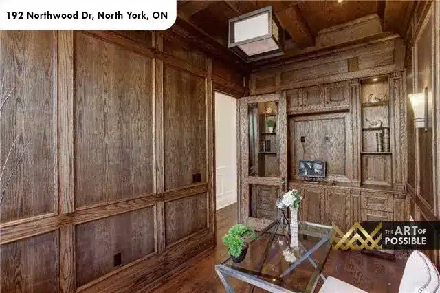 Dark oak-panelled study with coffered wood ceiling, 192 Northwood Dr