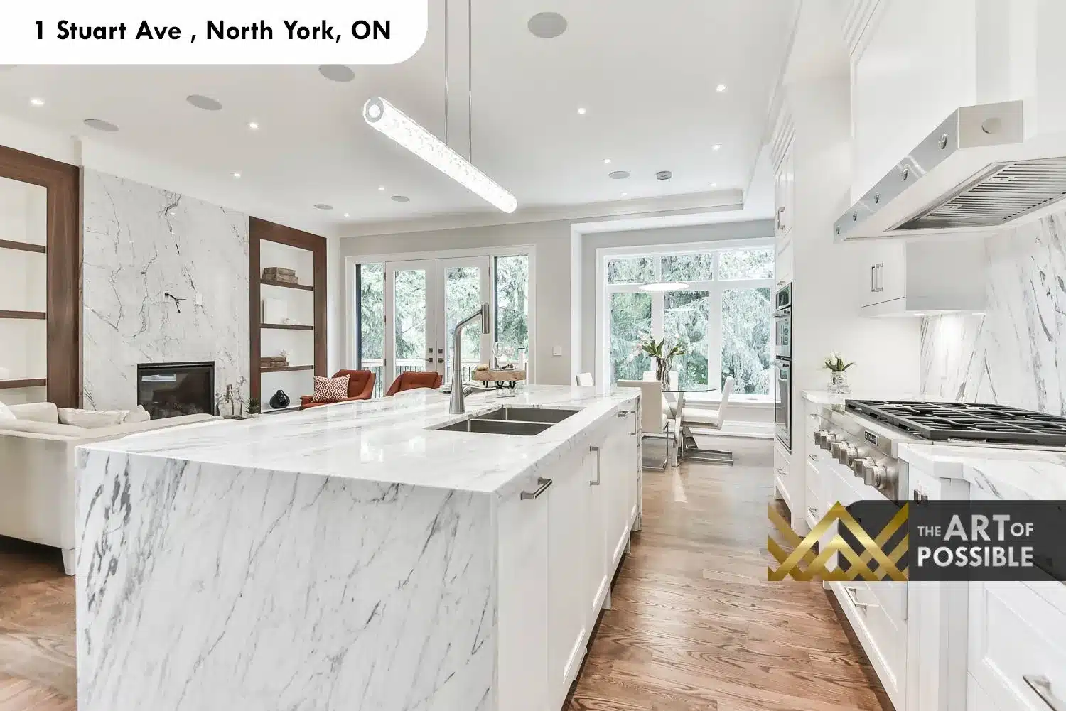 1 Stuart Ave kitchen marble slab backsplash double wall ovens gas range