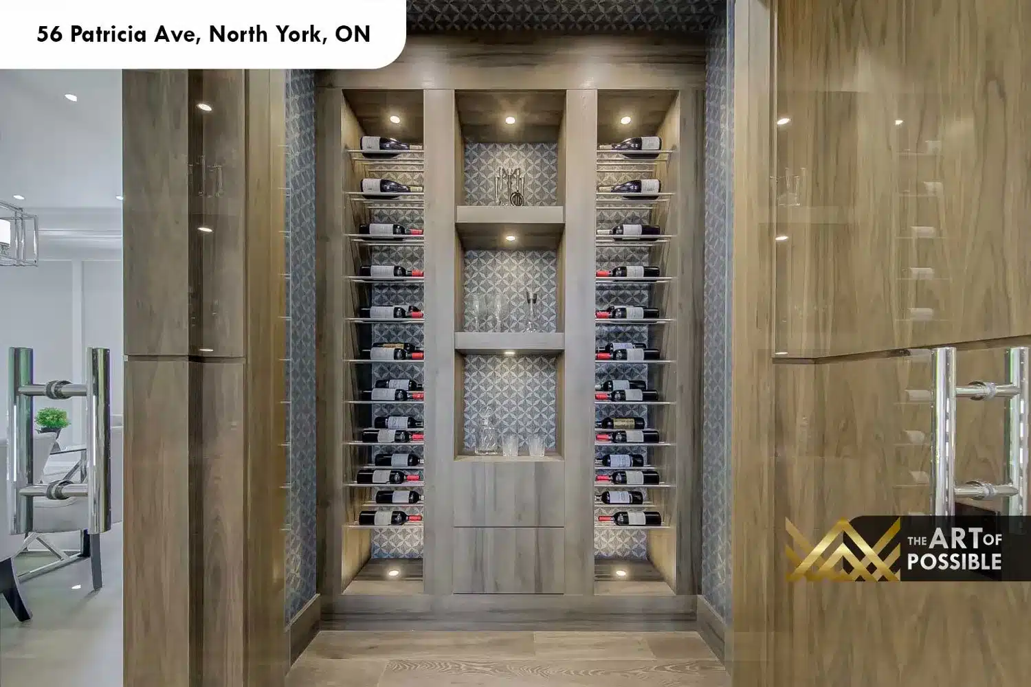 Floor-to-ceiling wine display cabinet with mosaic tile at 56 Patricia Ave
