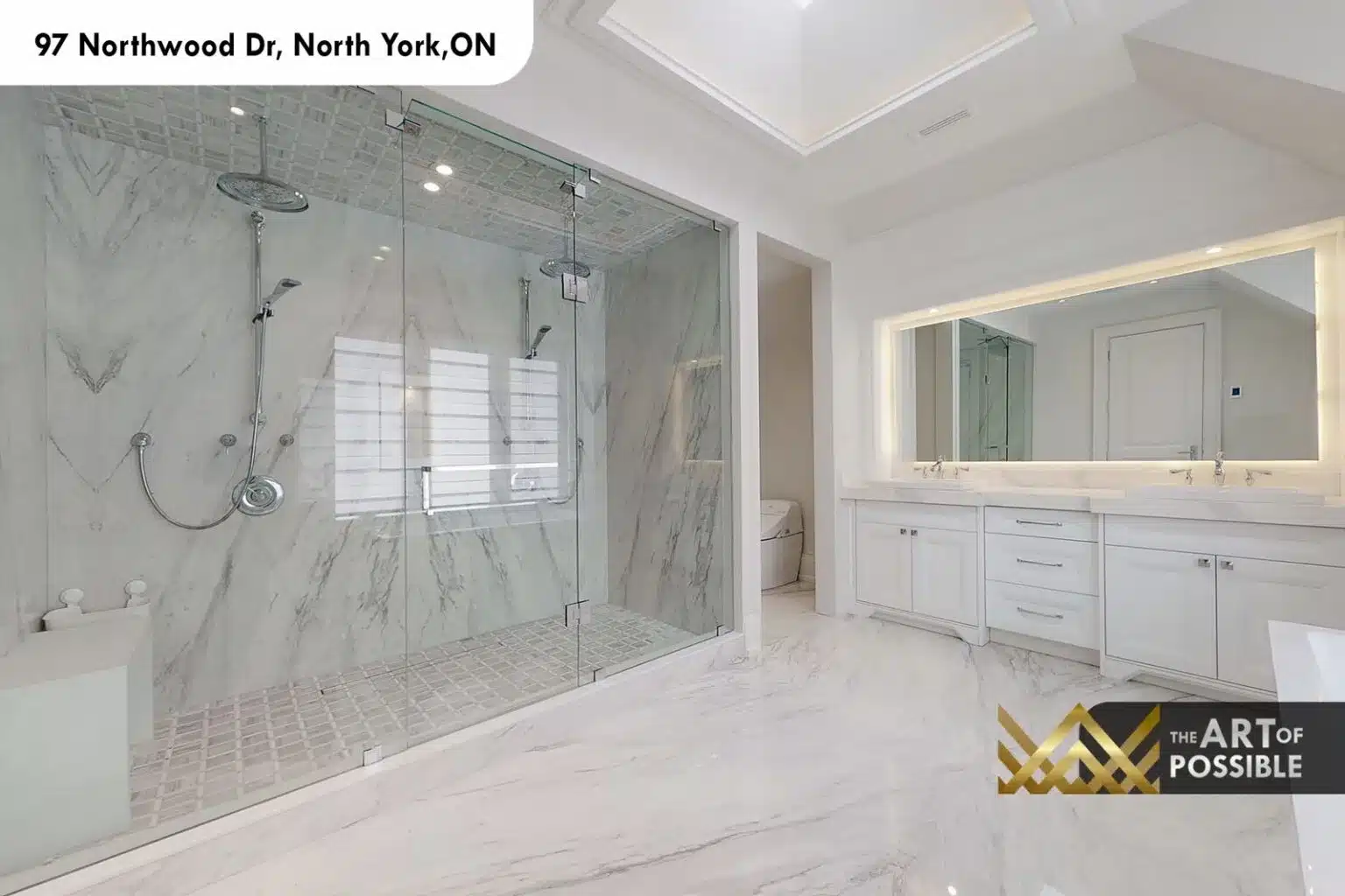 97 Northwood Dr ensuite walk-in glass shower dual rain heads white marble slab walls double vanity