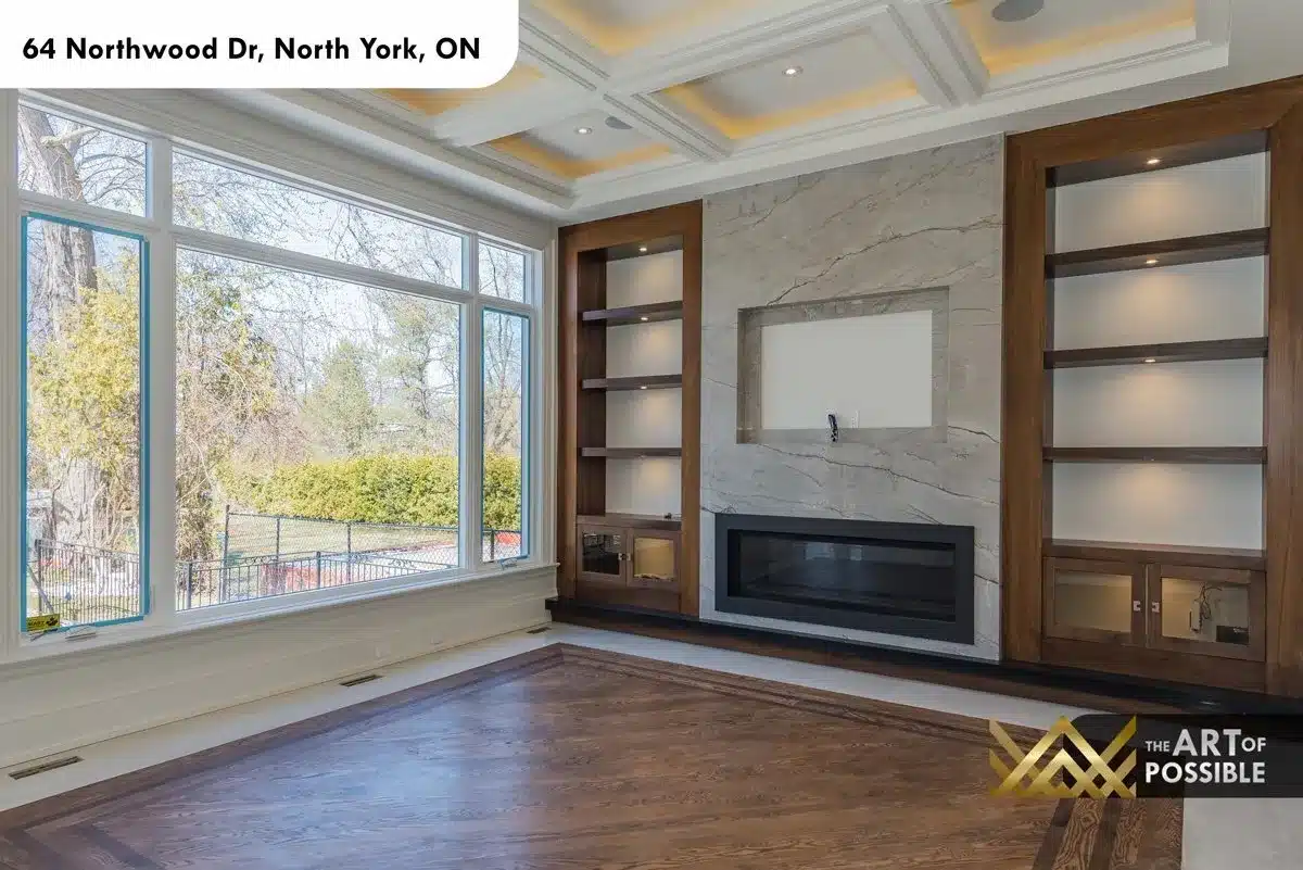Family room rear windows and coffered ceiling detail