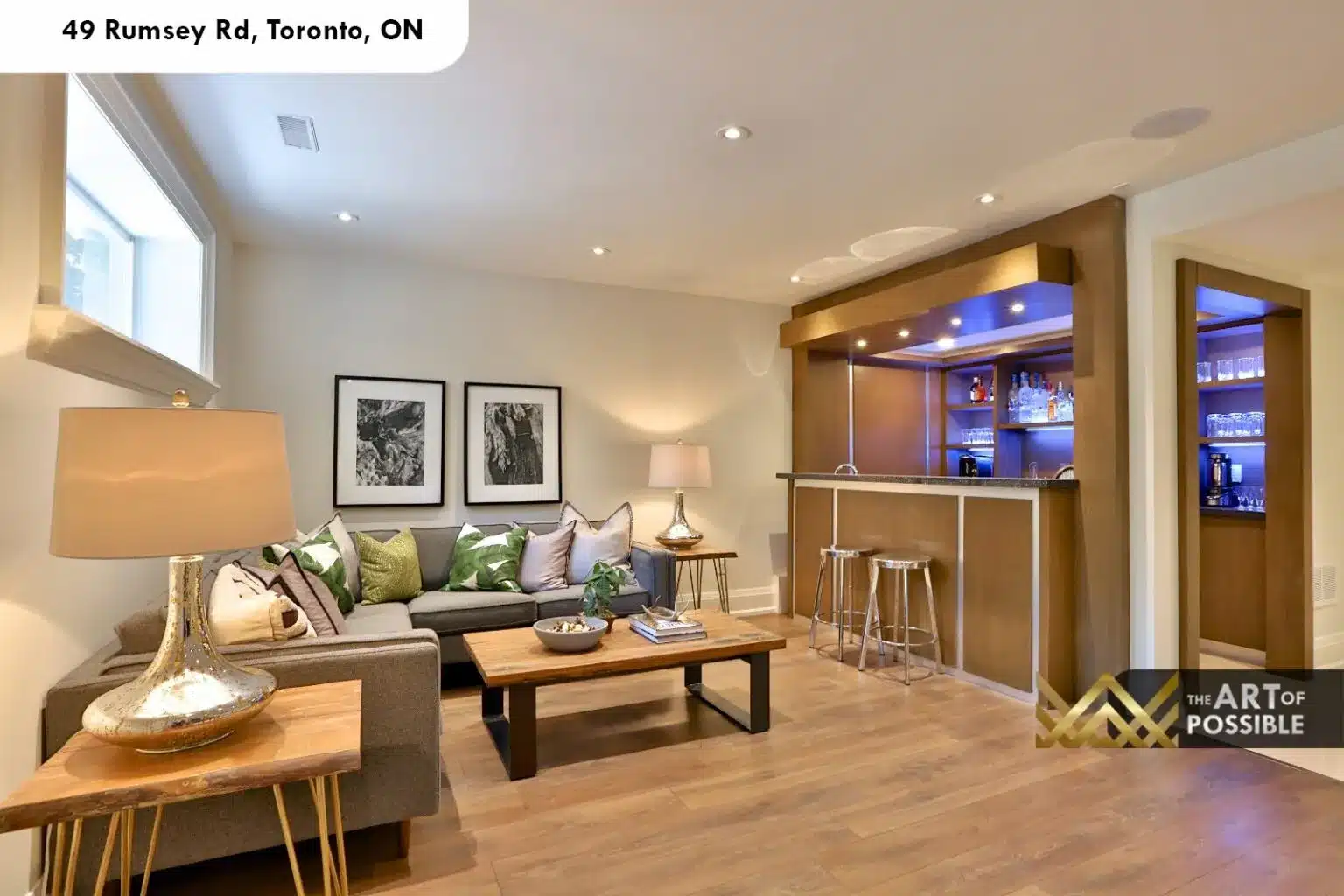 49 Rumsey Rd basement wet bar wood cladding LED accent lighting bar stools