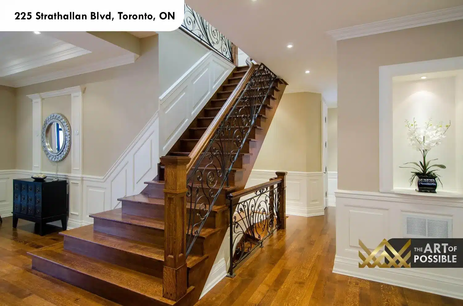 225 Strathallan Blvd Toronto - Scrolled iron baluster staircase with walnut treads