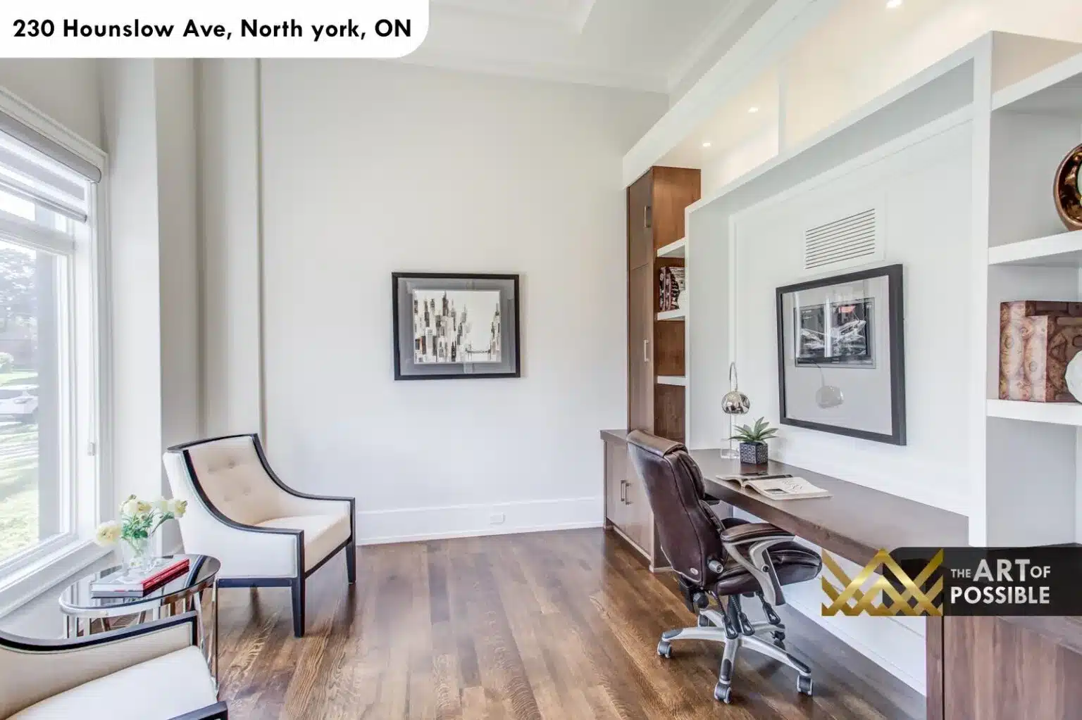 Main floor home office at 230 Hounslow Ave with built-in walnut desk and shelving