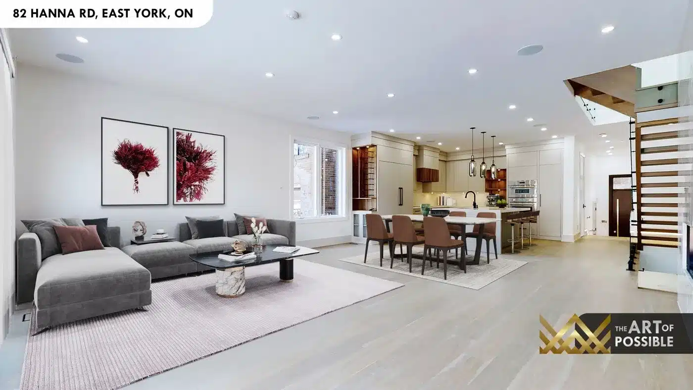 Furnished family room with walnut built-in shelving and staircase at 82 Hanna Rd