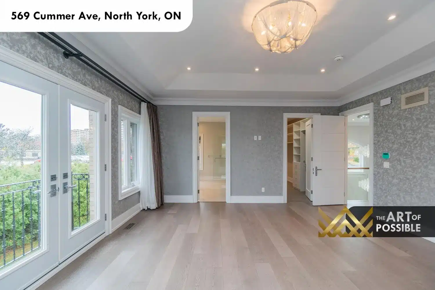 569 Cummer Ave primary bedroom French doors balcony walk-in closet entrance ensuite entrance