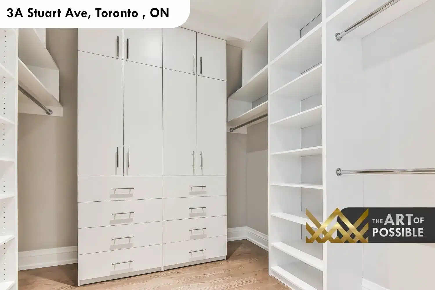 Primary walk-in closet at 3A Stuart Ave with floor-to-ceiling custom white closet system
