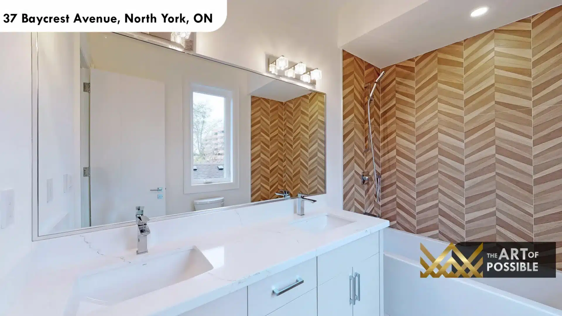 37 Baycrest Ave secondary ensuite chevron wood tile shower surround tub white vanity quartz chrome fixtures