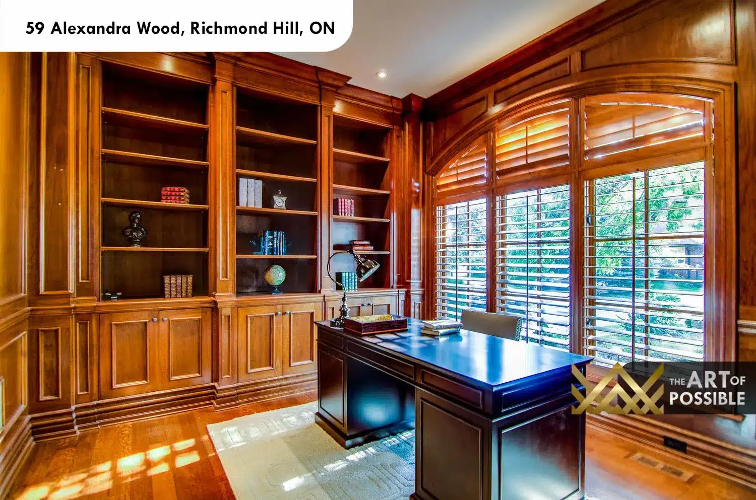 59 Alexandra Wood North York home office wood panelled walls built-in bookcase arched windows
