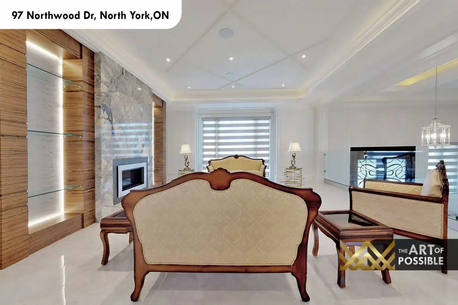97 Northwood Dr living room marble fireplace walnut panel niches crystal pendant