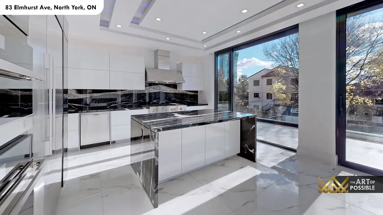 83 Elmhurst Ave North York kitchen view through sliding glass doors terrace