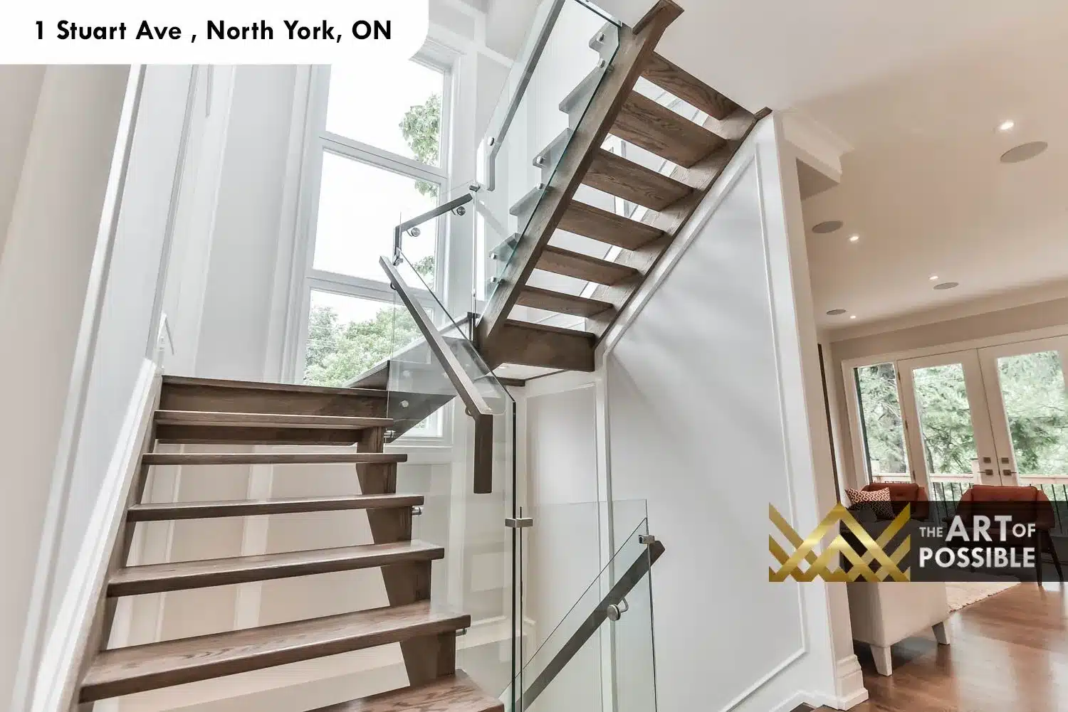 1 Stuart Ave open tread oak staircase glass panel railings