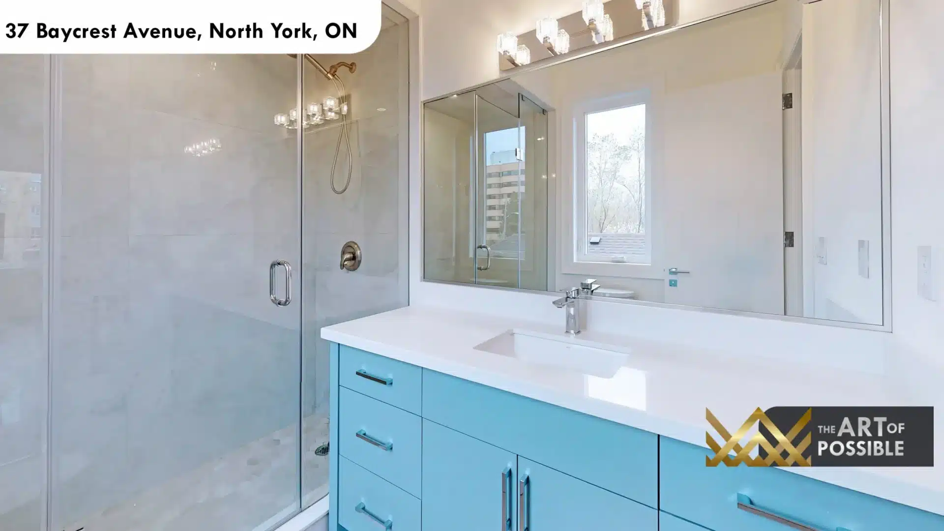 37 Baycrest Ave upper bathroom teal blue vanity cabinet white quartz chrome fixtures glass shower