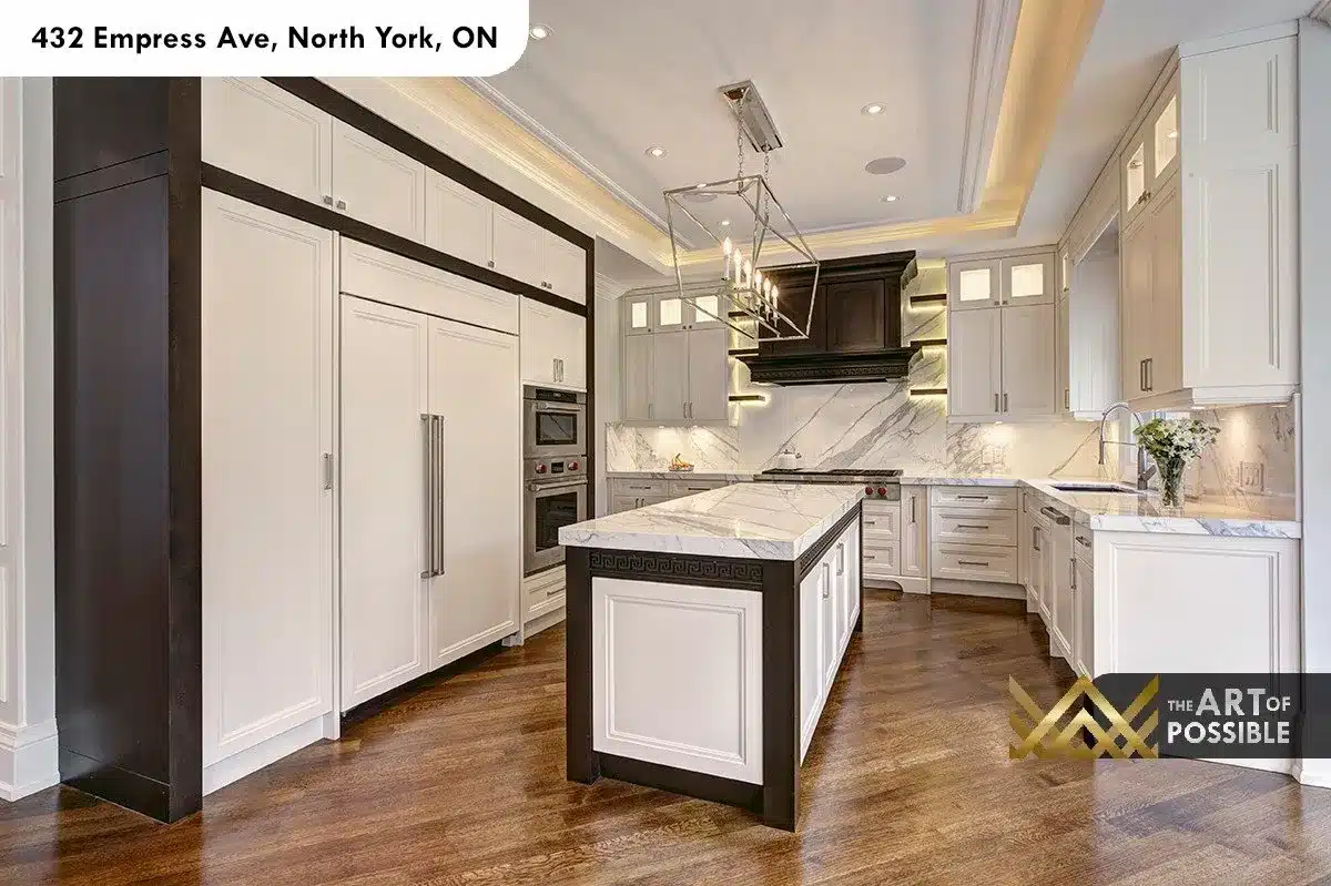 432 Empress Ave - two-tone kitchen with dark walnut island base and white shaker cabinetry