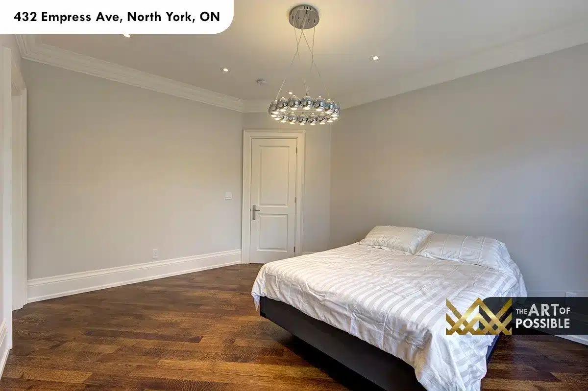 432 Empress Ave - second bedroom with chrome pendant light and hardwood floors