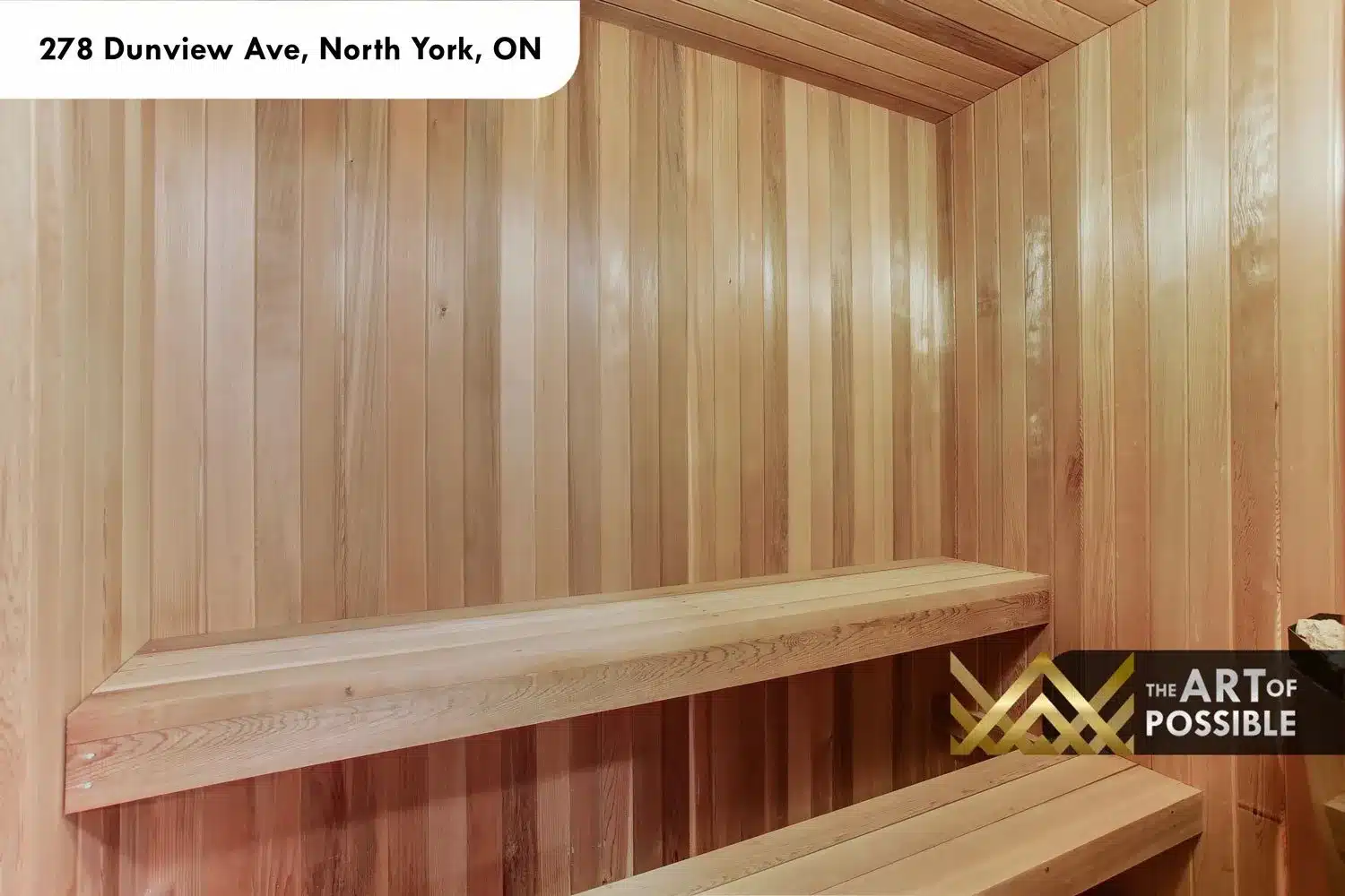 Cedar-lined sauna with tiered benches in the lower level of 278 Dunview Ave