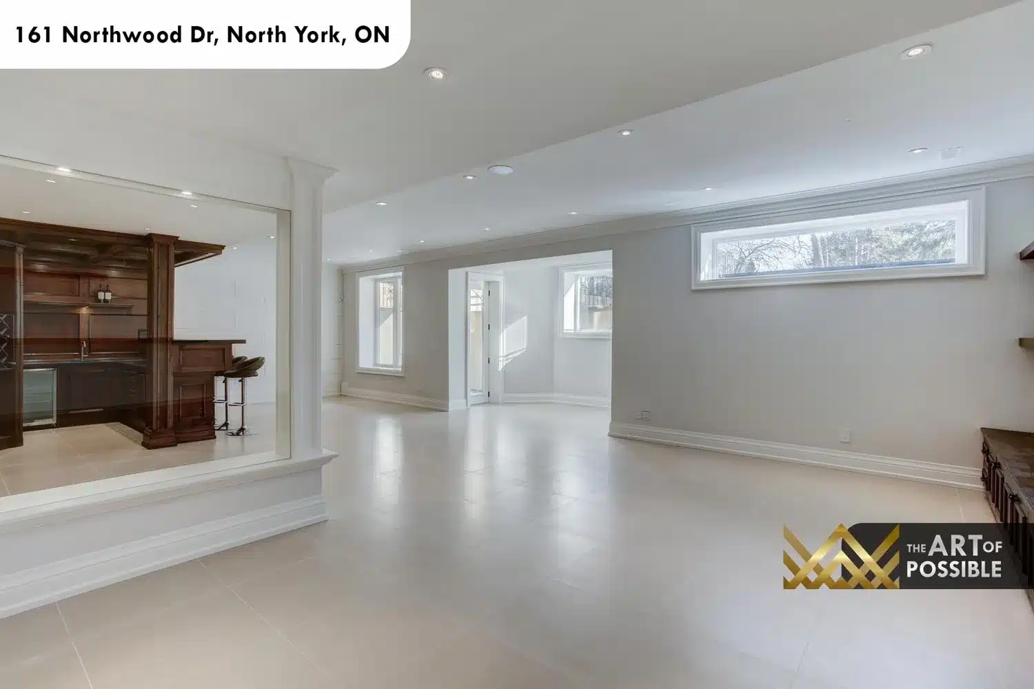 161 Northwood Dr North York basement open plan rec room porcelain tile floor bar area