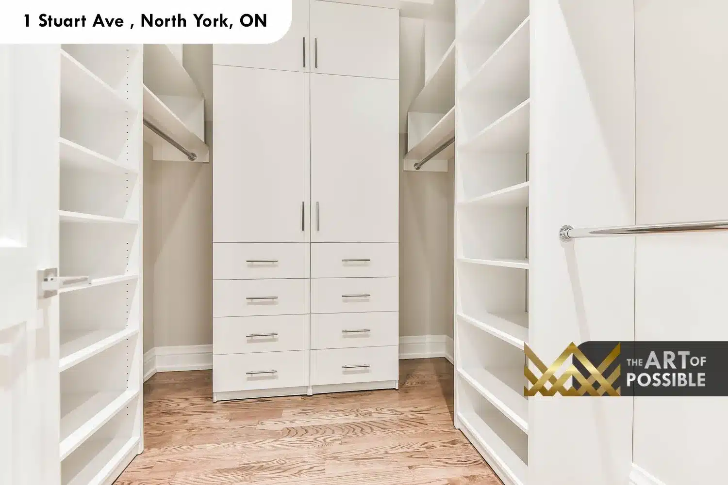 1 Stuart Ave primary walk-in closet white built-in system chrome hardware