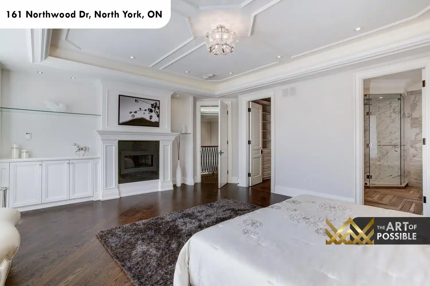 161 Northwood Dr North York primary bedroom fireplace white mantel walk in closet ensuite view