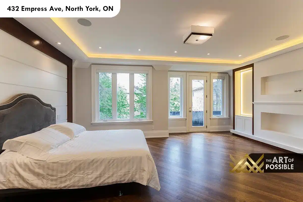 432 Empress Ave - primary suite with tray ceiling LED cove lighting and private balcony door