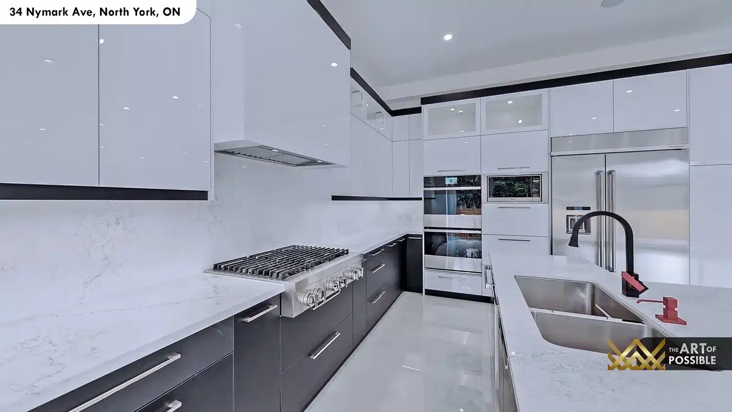 Kitchen appliance wall - 6-burner stainless gas cooktop, double stacked wall ovens and full-height stainless refrigerator