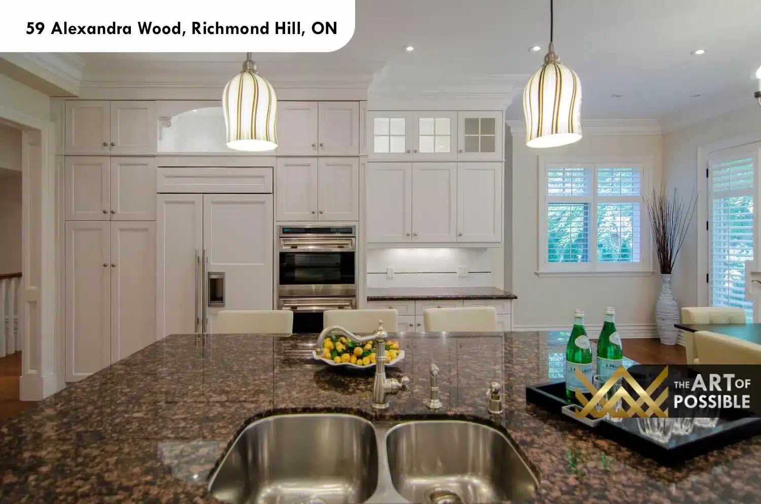 59 Alexandra Wood North York kitchen island dark granite undermount sink striped pendant lights