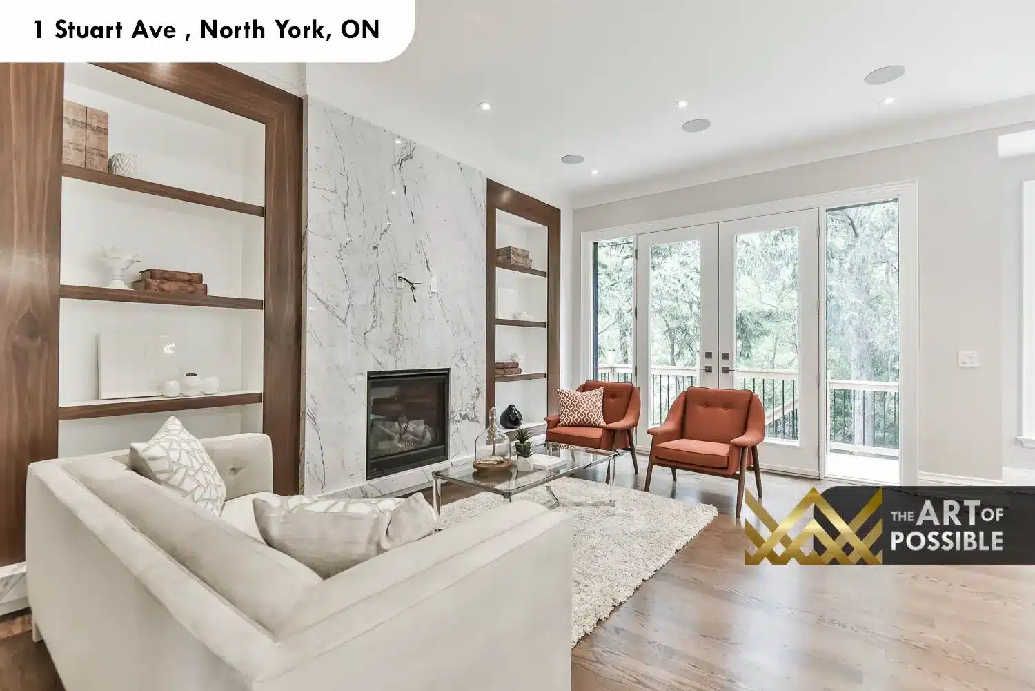 1 Stuart Ave family room floor to ceiling marble fireplace walnut built-in shelves