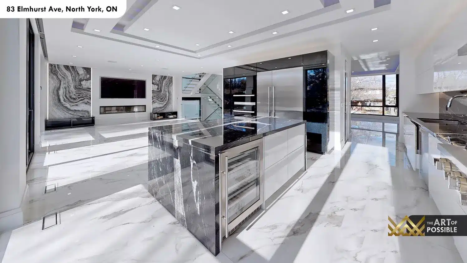 83 Elmhurst Ave North York kitchen island beverage fridge integrated refrigerator staircase view