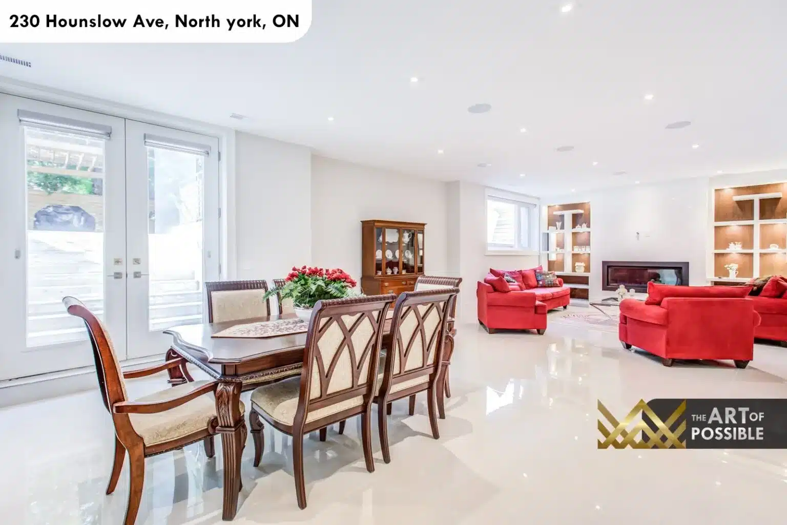 Lower level dining area and rec room with walkout French doors