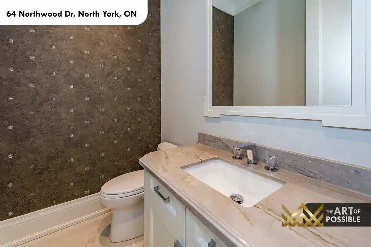 Main floor powder room with dark textured wallpaper and stone vanity