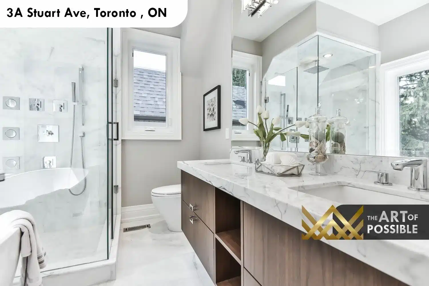 Primary ensuite at 3A Stuart Ave with marble shower, soaker tub and double walnut vanity