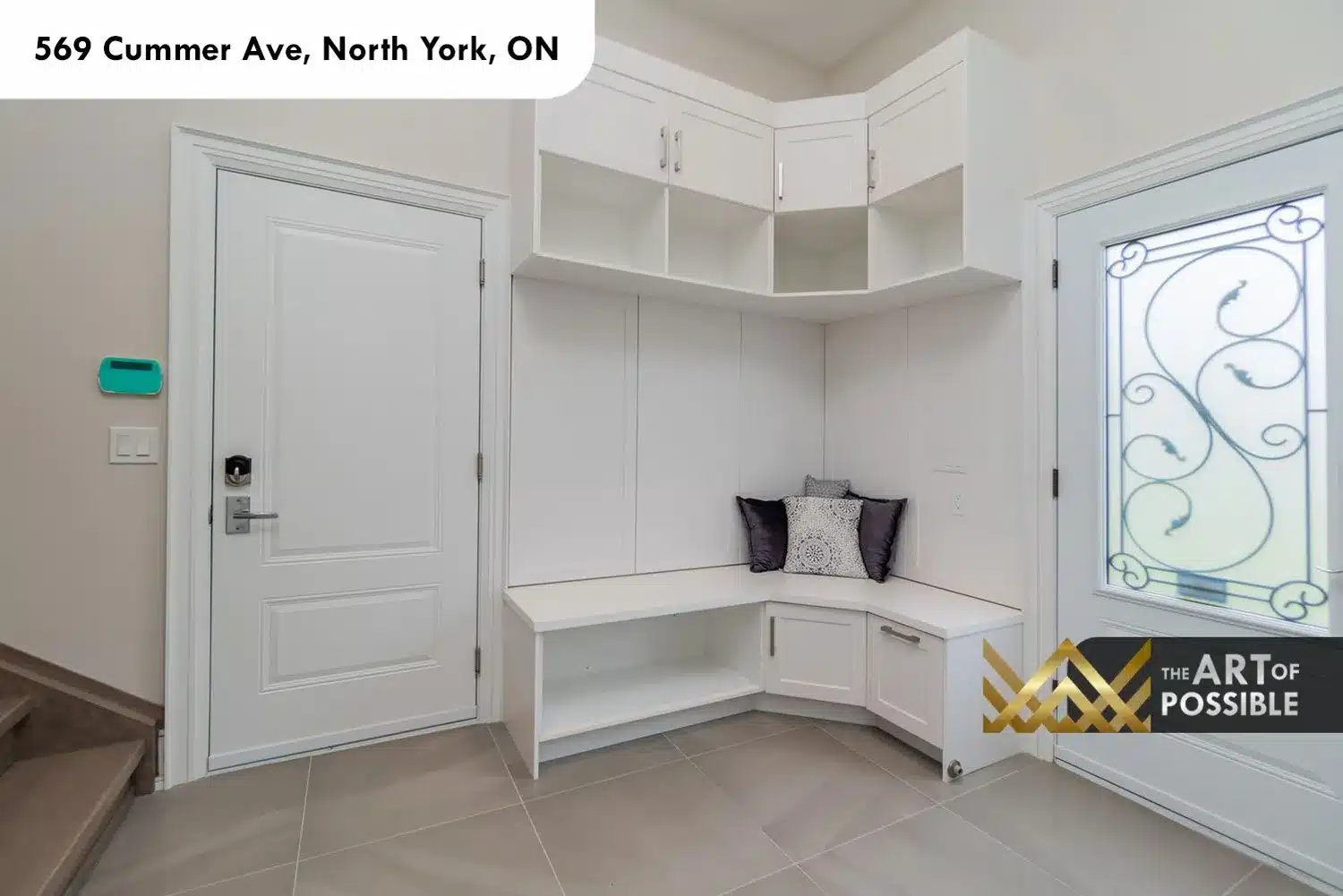 569 Cummer Ave mud room custom built-in corner bench cubbies overhead cabinets side entry door