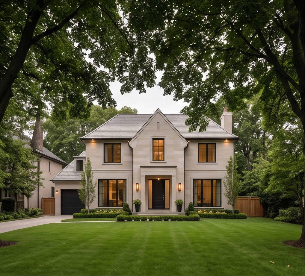 Lawrence Park-inspired deep green frontage and mature canopy, restrained pitched modern-classic stone house, suburban-garden proportions not downtown density.