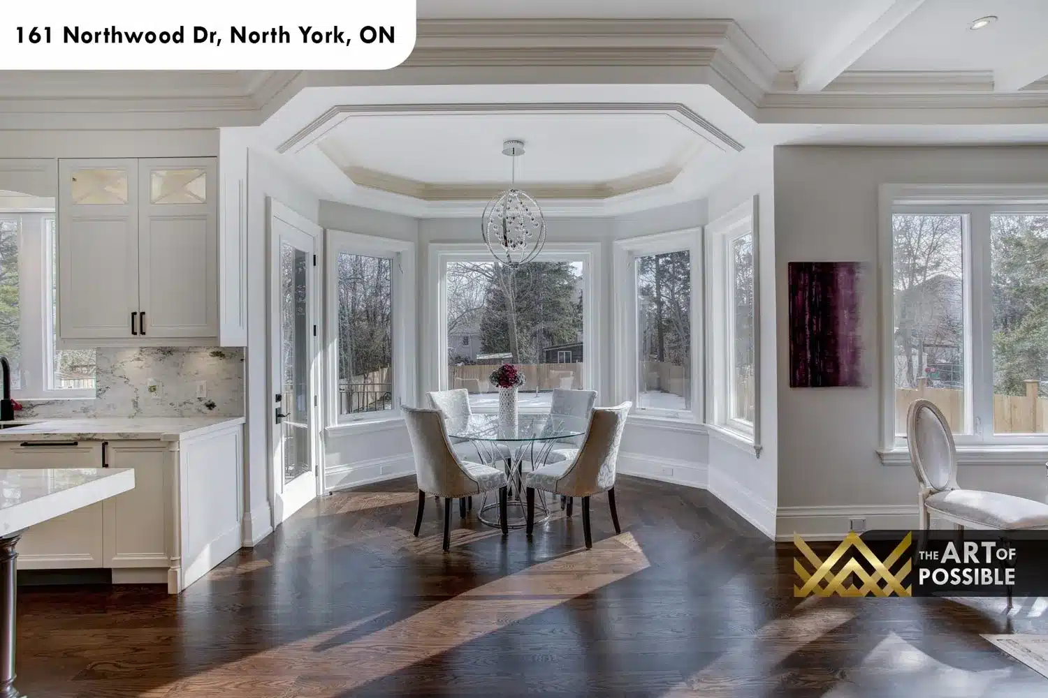 161 Northwood Dr North York breakfast nook bay window octagonal coffered ceiling globe pendant herringbone floor