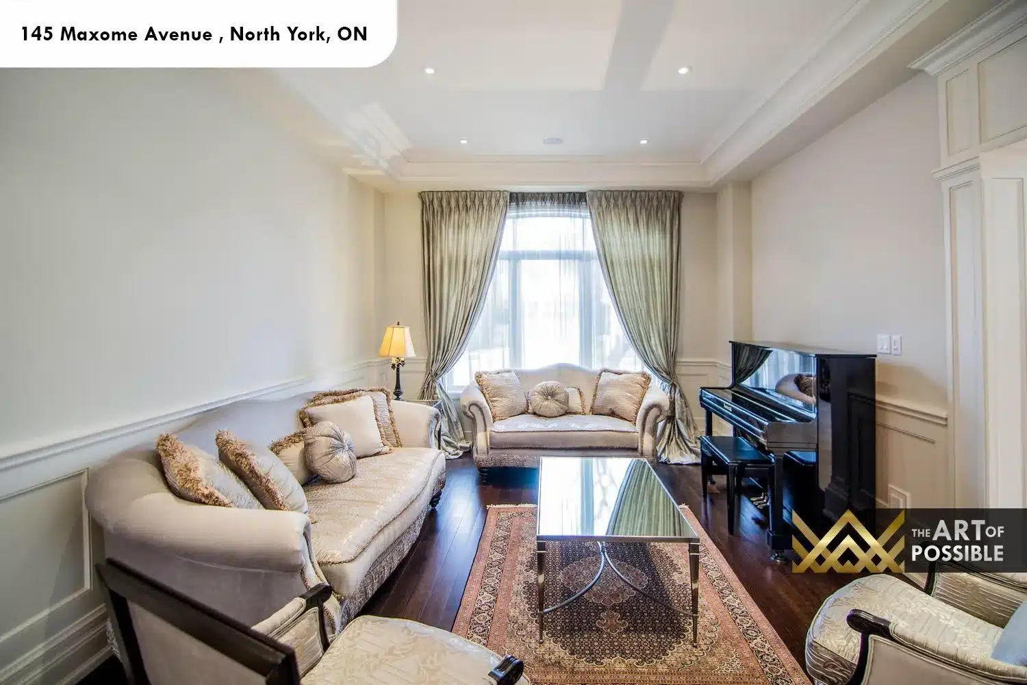 145 Maxome Avenue living room tray ceiling dark hardwood silk drapes