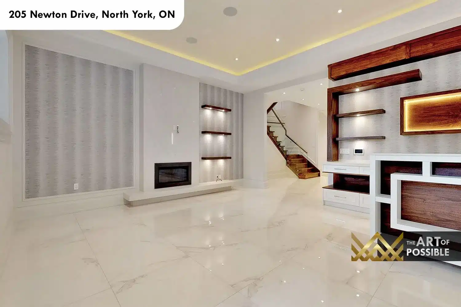 205 Newton Drive basement recreation room fireplace walnut shelving polished tile
