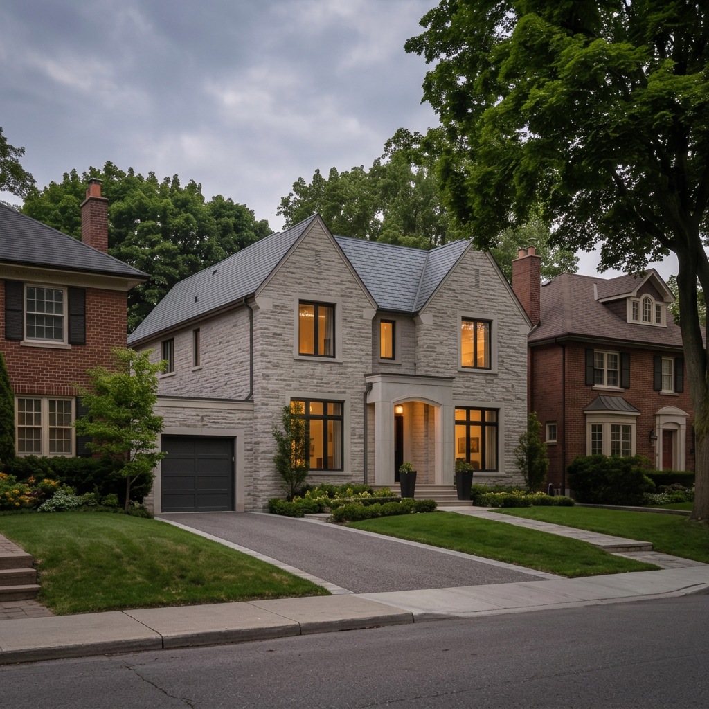 Rosedale-inspired modest pitched-roof contemporary stone composition beside historic brick neighbours, canopy and gentle slope; concept is not proof that demolition or design would be approved.