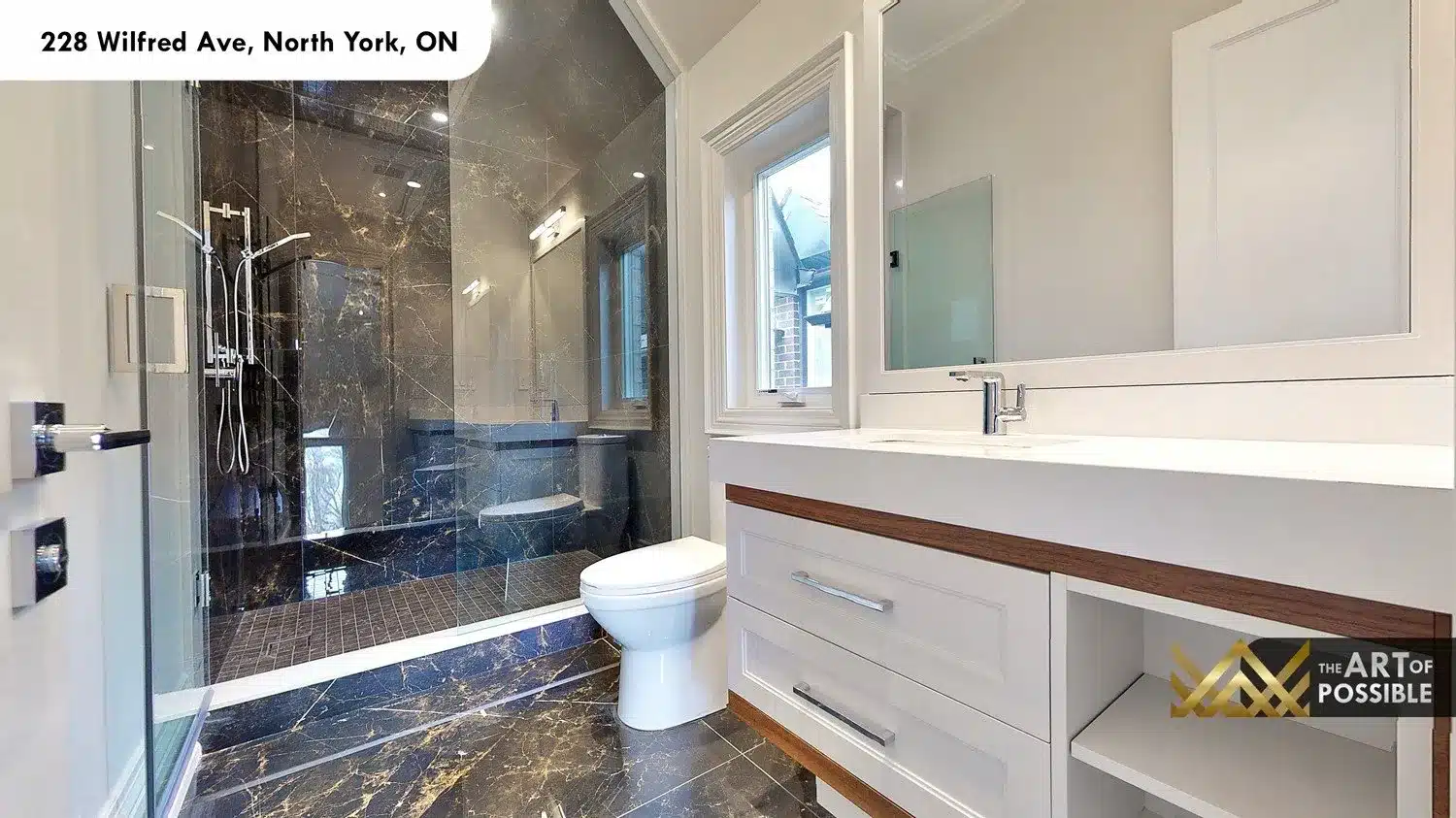 228 Wilfred Ave secondary bathroom dark marble shower frameless glass white vanity walnut