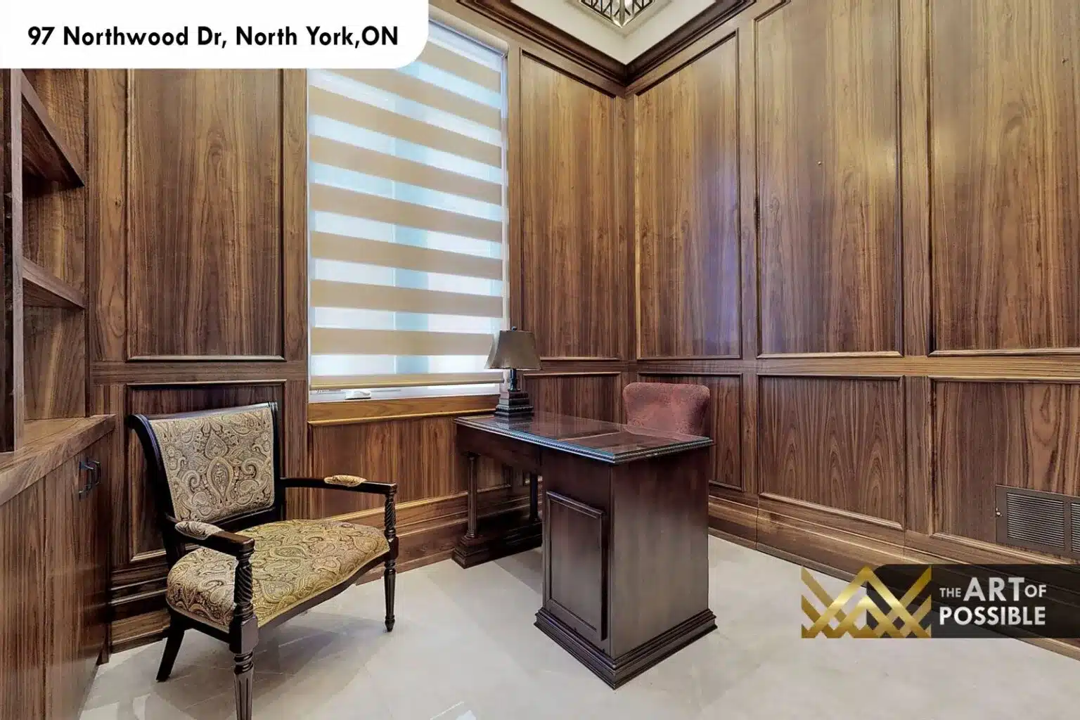 97 Northwood Dr private study walnut panelled walls desk coffered ceiling