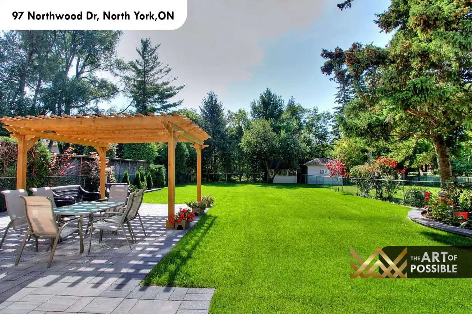 97 Northwood Dr backyard cedar pergola landscaped lawn outdoor dining area