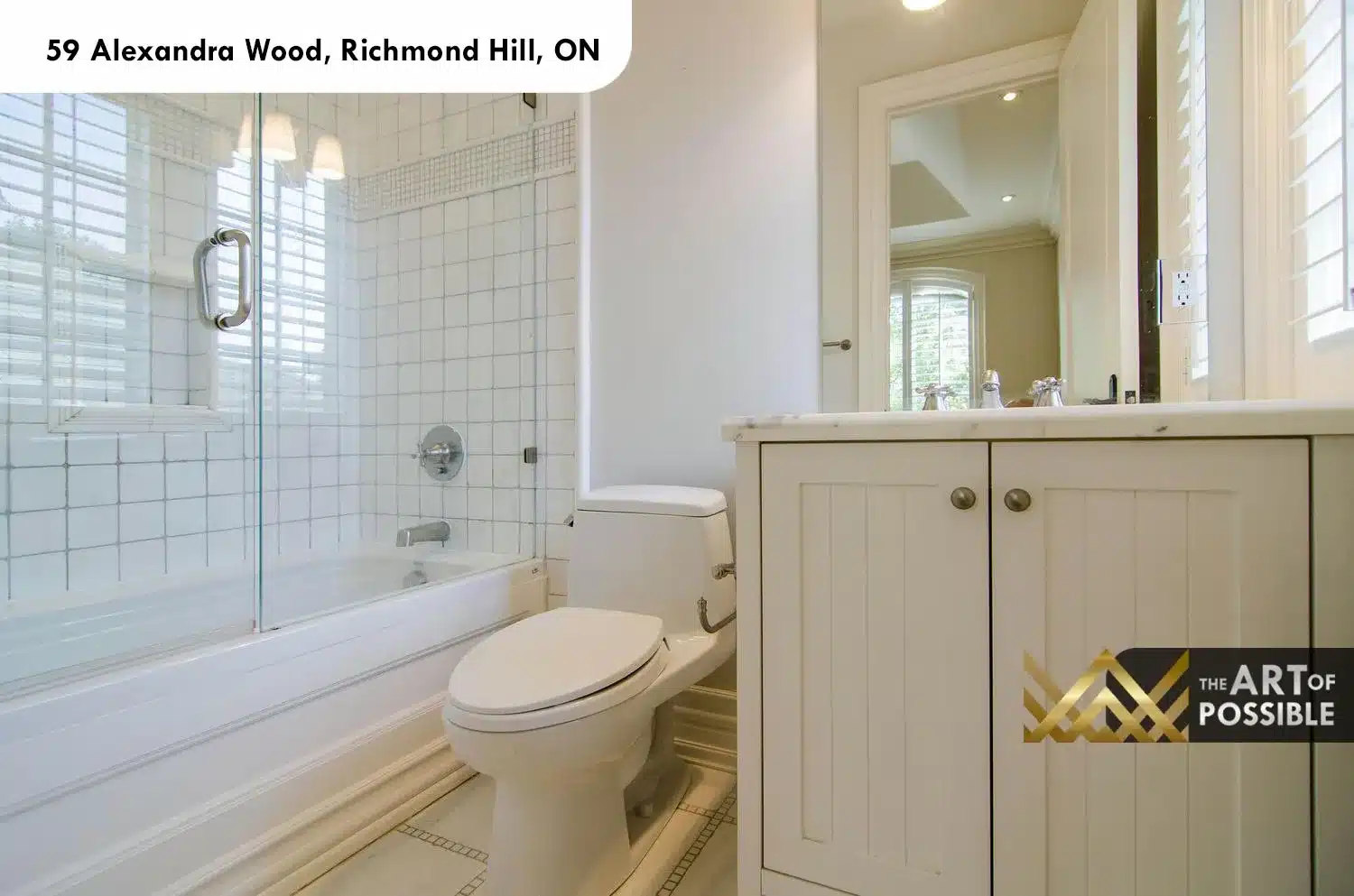 59 Alexandra Wood North York secondary bathroom white subway tile pebble mosaic oval mirror chrome