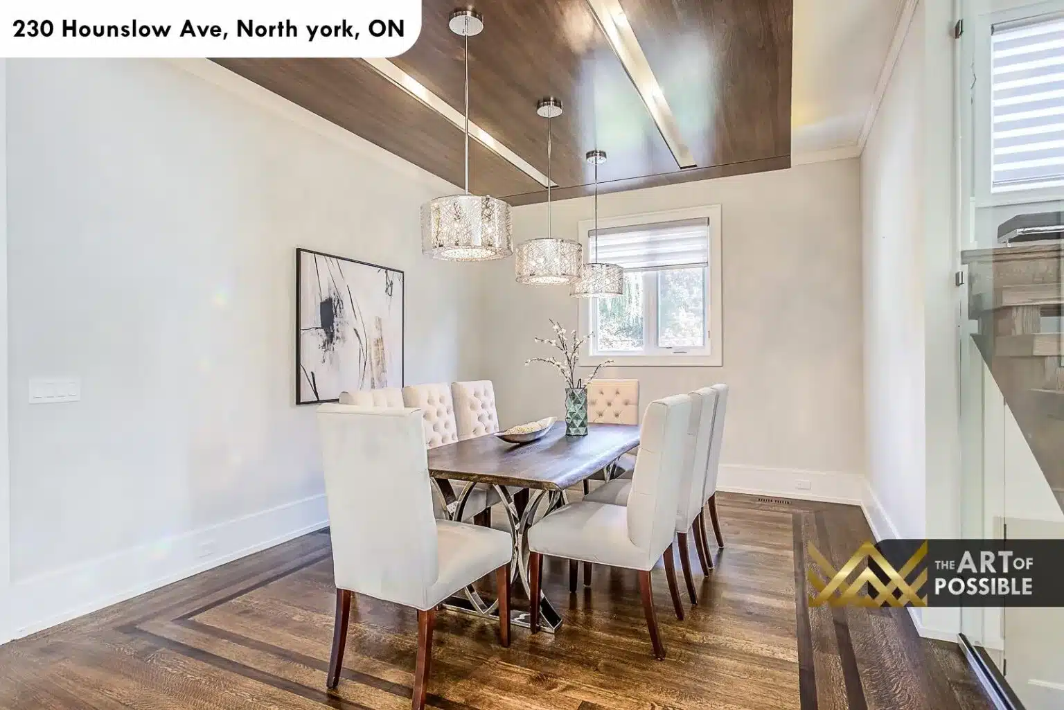 Formal dining room at 230 Hounslow Ave with walnut tray ceiling and LED cove lighting