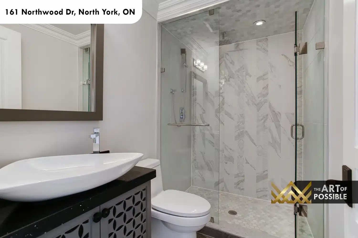 161 Northwood Dr North York bathroom vessel sink dark vanity marble tile shower mosaic hex floor